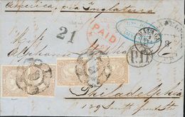 212 SOBRE 73(4). 1865. 2 Reales Lila Gris, Cuatro Sellos. MALAGA A PHILADELPHIA (U.S.A.). MAGNIFICA Y RARO FRANQUEO DE D - Other & Unclassified