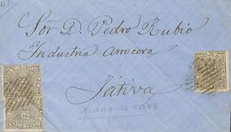 242 SOBRE 141(3). 1874. 5 Cts Negro, Tres Sellos. Dirigida A JATIVA. Matasello REJILLA. MAGNIFICA E INUSUAL FRANQUEO CON - Andere & Zonder Classificatie