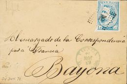 262 SOBRE 156. 1874. 1 Real Azul. DURANGO A BAYONA (FRANCIA). Matasello ROMBO DE PUNTOS Y En El Frente Fechador DURANGO  - Autres & Non Classés