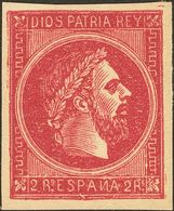 283 (*) . (1875ca). 2 Reales Rosa Carmín. PRUEBA LITOGRAFICA, De Origen Privado. A EXAMINAR. - Autres & Non Classés