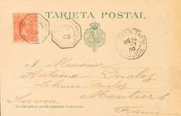 309 SOBRE 220. 1900. 10 Cts Bermellón. Tarjeta Postal De LA CORUÑA A MOUTIERS (FRANCIA). Matasello Octogonal Francés BOR - Other & Unclassified