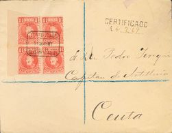 318 SOBRE 243(4). 1901. 10 Cts Rojo, Bloque De Cuatro, Dos Sellos SIN DENTAR EL MARGEN DERECHO. Certificado De OLVERA (C - Autres & Non Classés