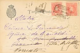 319 SOBRE 243, 251. 1906. 10 Cts Rojo, Dos Sellos. Tarjeta Postal Certificada De MADRID A ROMA (ITALIA), Y Reexpedida A  - Other & Unclassified