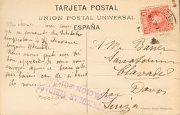 320 SOBRE 243. 1903. 10 Cts Rojo. Tarjeta Postal De BARCELONA A DAVOS (SUIZA). En El Frente Marca FUNICULAR TIBIDABO / E - Autres & Non Classés