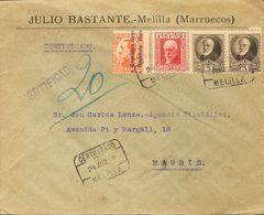 445 SOBRE 663(2), 669, 601. 1932. 5 Cts Castaño, Dos Sellos, 30 Cts Carmín Y 50 Cts Naranja. Certificado De MELILLA A MA - Andere & Zonder Classificatie