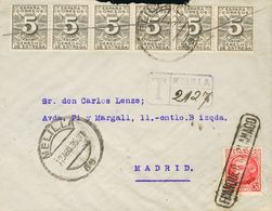 457 SOBRE 687, 592(6). 1935. 30 Cts Carmín Y 5 Cts Negro De Derecho De Entrega, Seis Sellos. MELILLA A MADRID. Los Sello - Autres & Non Classés