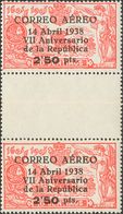 476 ** 756(2). 1938. 2'50 Pts Sobre 10 Cts Rojo, Pareja Con Interpanel. MAGNIFICA. (Edifil 2018: +450€) - Andere & Zonder Classificatie
