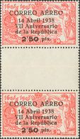 476 ** 756(2). 1938. 2'50 Pts Sobre 10 Cts Rojo, Pareja Con Interpanel. MAGNIFICA. (Edifil 2018: +450€) - Sonstige & Ohne Zuordnung