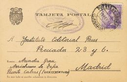 584 SOBRE 922. 1943. 20 Cts Violeta. Tarjeta Postal De PUERTO DE CABRAS (FUERTEVENTURA) A MADRID. En El Frente Marca ZON - Autres & Non Classés