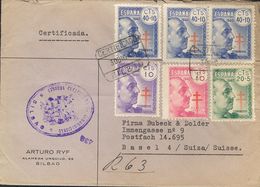 593 SOBRE 936/39, 938(2). 1940. Serie Completa Y 40 Cts + 10 Cts Azul, Dos Sellos. Certificado De BILBAO A BASILEA (SUIZ - Sonstige & Ohne Zuordnung