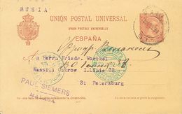 699 SOBRE EP31. 1897. 10 Cts Carmín Sobre Tarjeta Entero Postal De MALAGA A SAN PETERSBURGO (RUSIA). En El Frente Llegad - Other & Unclassified