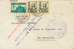 782 SOBRE 820(2). 1937. 15 Cts Pizarra, Dos Sellos Y Benéfico De 5 Cts. PALMA DE MALLORCA A SAN SEBASTIAN. En El Frente  - Autres & Non Classés