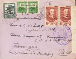 835 SOBRE 13. 1937. 1 Pts Pizarra, 10 Cts Verde De Burgos Y Dos Sellos De Francia De 75 Cts. Dirigida A BURGOS (Dirigida - Nationalistische Ausgaben
