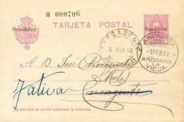 977 SOBRE España EP61. 1932. 15 Cts Lila Violeta Sobre Tarjeta Entero Postal De España De ANDORRA LA VIEJA A CARCAGENTE, - Other & Unclassified