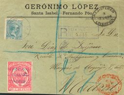 1038 SOBRE 14, 41B. 1896. 5 Ctvos Azul Verdoso Y 10 Ctvos Rosa. Certificado De SANTA ISABEL (FERNANDO POO) A MADRID, Cir - Other & Unclassified