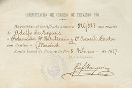 1044 SOBRE. 1897. Justificante De Correo Certificado De SANTA ISABEL A MADRID, En El Frente Marca Oval ADMINISTRACION DE - Other & Unclassified