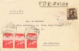1207 SOBRE 188(3). 1939. 25 Cts Rojo, Tres Sellos Y 10 Cts Castaño Negro De Beneficiencia. Correo Aéreo De LARACHE A SAN - Other & Unclassified