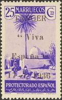 1330 ** . 1936. 10 Cts Verde, 15 Cts Amarillo, 20 Cts Gris Verdoso Y 25 Cts Violeta. Sobrecarga TANGER / "VIVA ESPAÑA" / - Maroc Espagnol