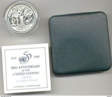 CYPRUS 1995 UNITED NATIONS COMMEMORATIVE SILVER COIN IN OFFICIAL BANK'S CASE & CERTIFICATE - Chypre