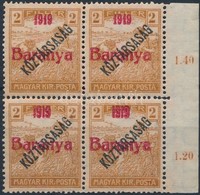 ** Baranya I. 1919 Arató/Köztársaság 2f Próbanyomat Piros Felülnyomással ívszéli Négyestömbben, 2 érték Antikva Számokka - Altri & Non Classificati