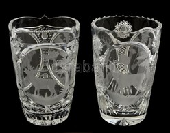 Ólomkristály Vadász Jelenetes Poharak, 2 Db, Csiszolt, Minták Homokfújtak, Apró Karcolásokkal, M: 12 Cm - Glas & Kristal