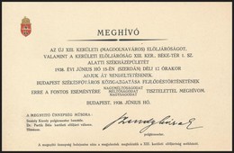 1938 XIII. Kerületi Béke Tér 1. Sz. Alatti Polgármesteri Hivatali Székházépület átadó ünnepségének Meghívó Kártyája, Bud - Zonder Classificatie