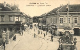 T2 Újvidék, Novi Sad; Duna Utca, Villamos, üzletek / Street View With Tram And Shops - Zonder Classificatie