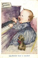 T3 Gyakorlat Teszi A Mestert! / Practice Makes Perfect. Child And Dog By The Piano, Humor. Artist Signed (EB) - Non Classificati