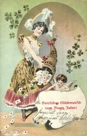 T2/T3 Herzlichen Glückwunsch Zum Neuen Jahr! / New Year Greeting Art Postcard With Lady And Baby Angel. K.V.i.B. 12.  (E - Zonder Classificatie