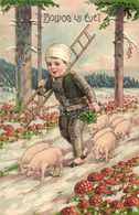 T2/T3 Boldog Új évet! / New Year Greeting Art Postcard With Chimney Sweeper And Pigs, Mushrooms. Erika Nr. 6436. Litho ( - Unclassified