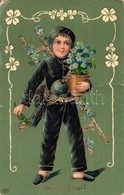T3 Boldog Új Évet! / New Year Greeting Art Postcard With Chimney Sweeper. Art Nouveau, Floral, Golden Decorated Litho (f - Zonder Classificatie