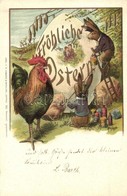 T2 Fröhliche Ostern / Easter Greeting Card With Rabbits And Rooster. O. Dibbern & Sperling 703. Litho S: Herm. Schüssler - Zonder Classificatie