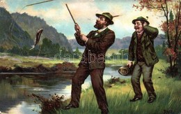 * T2/T3 Fishing Hunters, Humour. Series 1139/5. + 'Újságárusok és Lapkihordók Szabadszervezete' Stamp On The Backside (E - Non Classificati