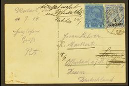 1914 MIXED FRANKING.  (17 July) Picture Postcard To Germany, Redirected, Bearing Austrian PO's In Turkey 1914 1pi Stamp  - Albanien