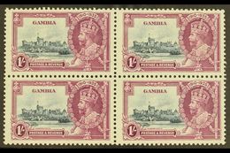 1935  1s Slate And Purple Jubilee Stamp With "LIGHTNING CONDUCTOR FLAW" As The Lower Left Stamp Of A Mint Block Of Four, - Gambia (...-1964)