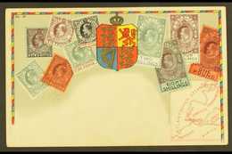 1903 STAMP POSTCARD.  A Colourful Unused Picture Post Card Showing Various KEVII Stamps Of Gibraltar With Values To £1 A - Gibilterra