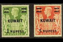 1948-49  2r On 2s6d Yellow-green & 5r On 5s Red Overprints, SG 72/73, Very Fine Mint, Both Showing 'T' GUIDE MARK Variet - Kuwait