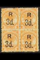 1895  3d On 2d Dull Orange, Perf 12x11½, SG 74, Mint BLOCK OF 4, Some Heavy Hinging / Re-enforcement. Scarce Multiple. F - Samoa