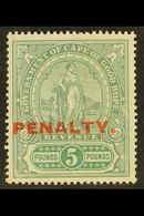 CAPE OF GOOD HOPE  REVENUE - 1911 £5 Green & Green, Standing Hope Ovptd "PENALTY" Barefoot 11, Couple Of Vertical Crease - Non Classificati