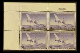 REVENUE - "DUCK" STAMPS  1950 $2 Violet, Scott RW17, Very Fine NEVER HINGED MINT CORNER BLOCK OF FOUR With Plate Number. - Altri & Non Classificati