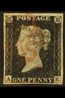 1840  1d Black 'AE' Plate 2, SG 2, Used With 4 Margins  For More Images, Please Visit Http://www.sandafayre.com/itemdeta - Ohne Zuordnung