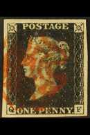 1840  1d Intense Black 'QF' Plate 7, SG 1, Used With 4 Margins & Bright Red MC Cancellation. A Large & Beautiful Example - Unclassified