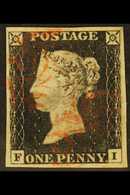 1840  1d Intense Black 'F I' Plate 2, SG 1, Used With 4 Margins & Red MC Cancellation. For More Images, Please Visit Htt - Non Classificati