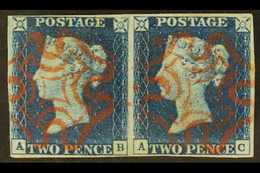 1840  2d Deep Full Blue PAIR 'AB - AC', SG 4, Used With 4 Margins & Crisp Red MC Cancellations. A Very Striking Item (pa - Altri & Non Classificati