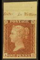 1856  1d Red- Brown 'A I' Plate 31 IMPERF IMPRIMATUR Impression On Large Crown Watermark Paper With Portion Of Sheet Mar - Sonstige & Ohne Zuordnung