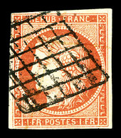 O N°7, 1F Vermillon Orangé Obl Grille, Jolie Pièce. TB. R.R. (signé Brun/certificat)   Qualité: O   Cote: 21000 Euros - 1849-1850 Cérès