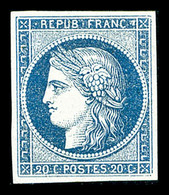 * N°8b, Non émis, 20c Bleu Sur Azuré, Quatre Belles Marges, Frais Et Très Beau (signé Calves/certificat)    Qualité: *   - 1849-1850 Cérès