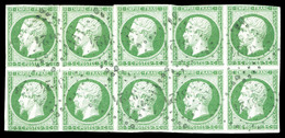 O N°12, 5c Vert, Bloc De 10 Exemplaires Obl Pc 3124, De Légers Défauts Sans Importance, Très Jolie Pièce. R.R. (signé Sc - 1853-1860 Napoléon III