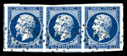 O N°14Aa, 20c Bleu Foncé En Bande De 3 Obl Pc '2272', Grandes Marges Avec Voisins, Pièce Choisie. SUP (signé Scheller/ce - 1853-1860 Napoléon III