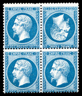 * N°22b, 20c Bleu, Têtebêche Tenant à Normaux Dans Un Bloc De Quatre (1ex**), RARE Et SUPERBE (signé Calves/certificat)  - 1862 Napoleone III